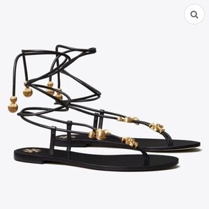 Tory Burch Capri Lace Up Black and Gold Women's Sandals- 8